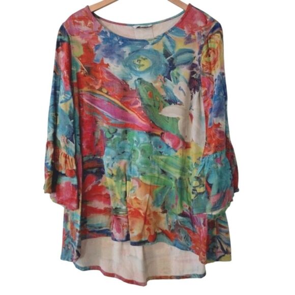 John Mark Women's Size Large Multicolor Ruffle Sleeve Artistic Blouse Top - Picture 3 of 11